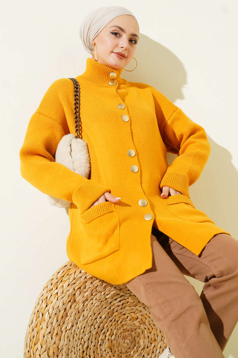 Gold Buttoned Pocket French Terry Knit Cardigan Gold - الصورة 10