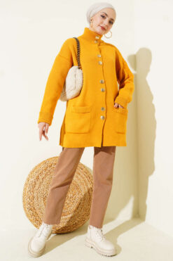 Alternative view of Gold Buttoned Pocket French Terry Knit Cardigan Mustard