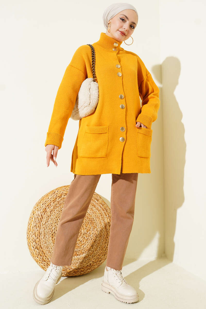 Gold Buttoned Pocket French Terry Knit Cardigan Mustard - immagine 2
