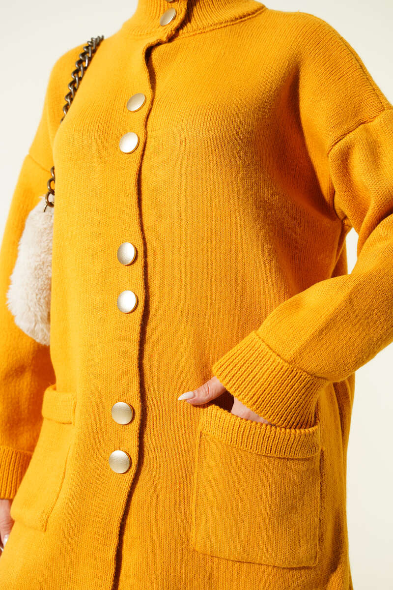 Gold Buttoned Pocket French Terry Knit Cardigan Mustard - immagine 4