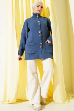 Alternative view of Gold Buttoned Pocket French Terry Knit Cardigan Indigo