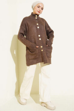 Alternative view of Gold Buttoned Pocket French Terry Knit Cardigan Brown