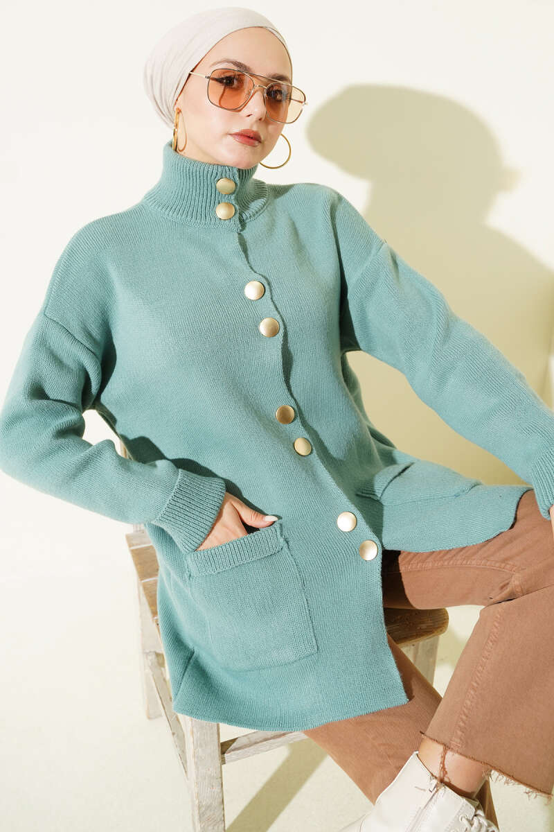 Gold Buttoned Pocket French Terry Knit Cardigan Gold - الصورة 2