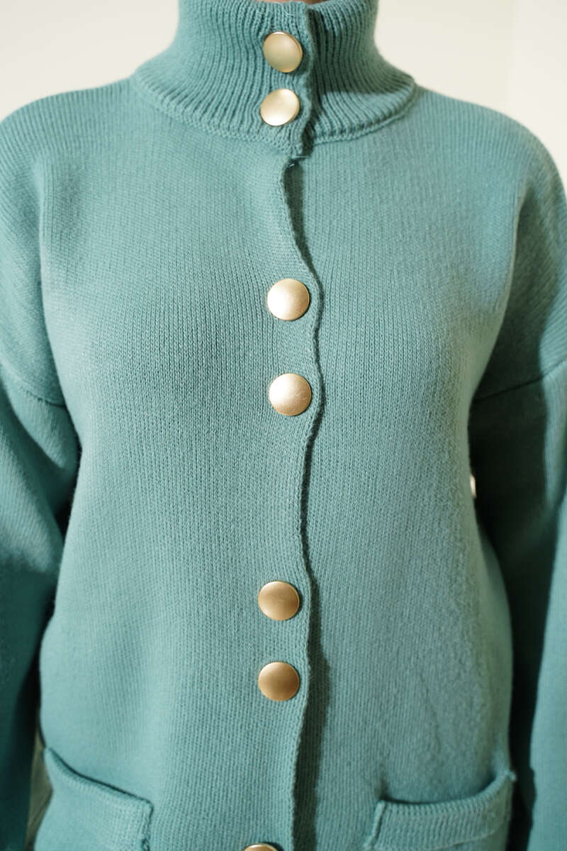 Gold Buttoned Pocket French Terry Knit Cardigan Gold - الصورة 4