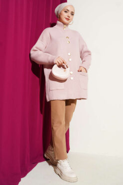 Alternative view of Gold Buttoned Pocket French Terry Knit Cardigan Powder Pink