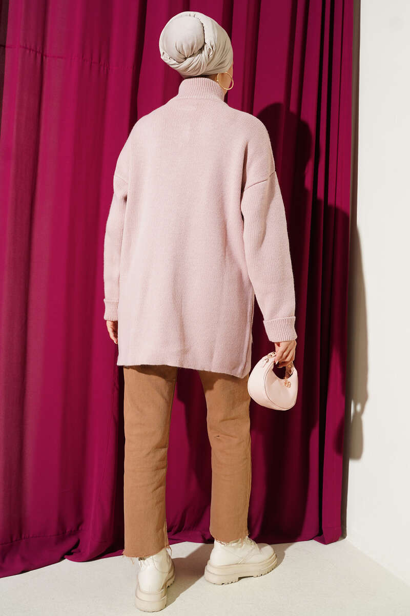 Gold Buttoned Pocket French Terry Knit Cardigan Powder Pink - الصورة 3