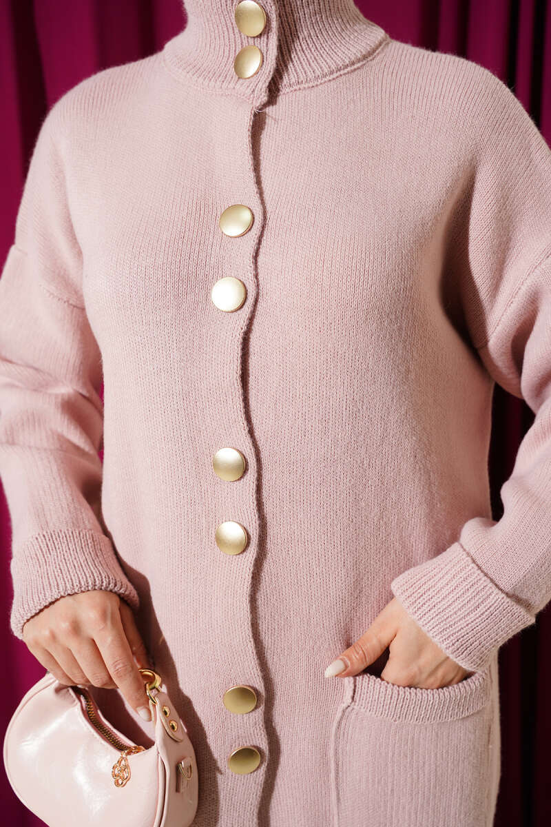 Gold Buttoned Pocket French Terry Knit Cardigan Powder Pink - الصورة 4