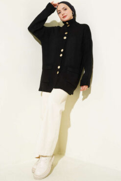 Alternative view of Gold Buttoned Pocket French Terry Knit Cardigan Black