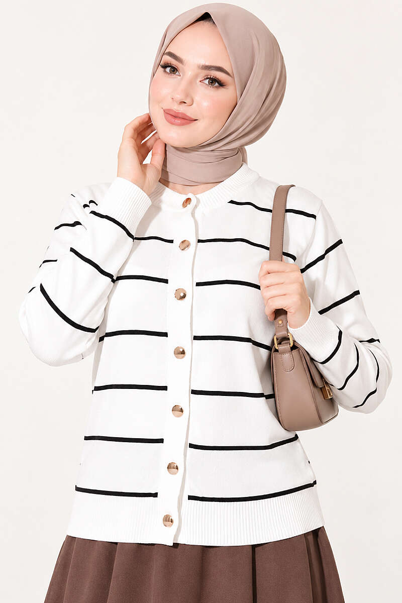 Gold Buttoned Striped Mercerized Cardigan White