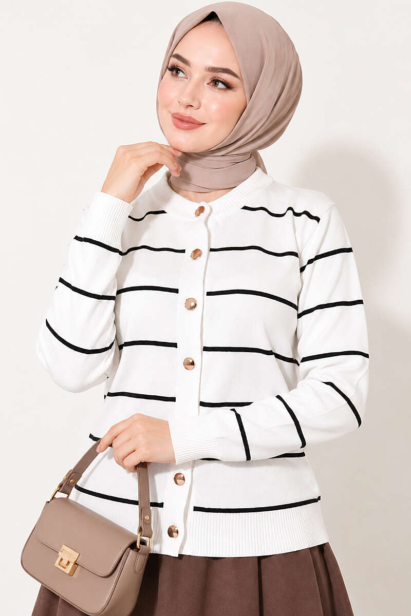 Gold Buttoned Striped Mercerized Cardigan White – Image 2