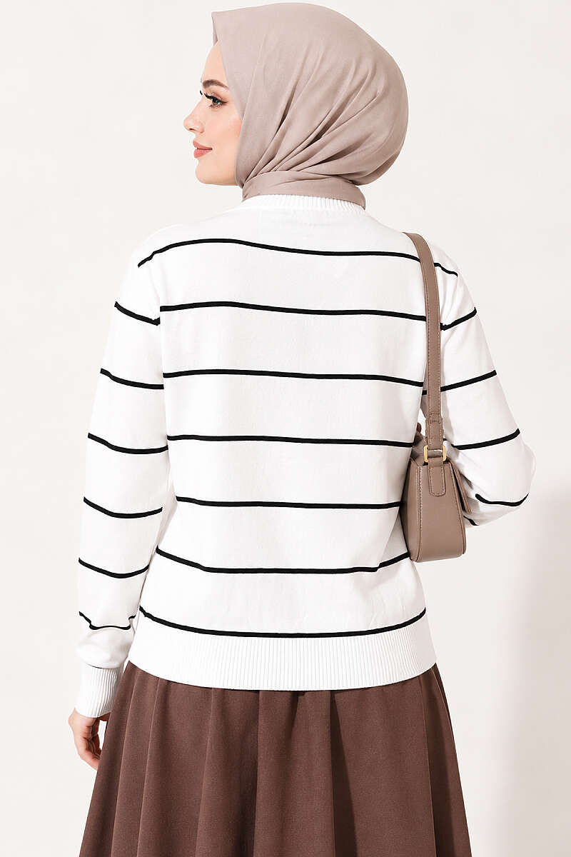 Gold Buttoned Striped Mercerized Cardigan White – Image 4
