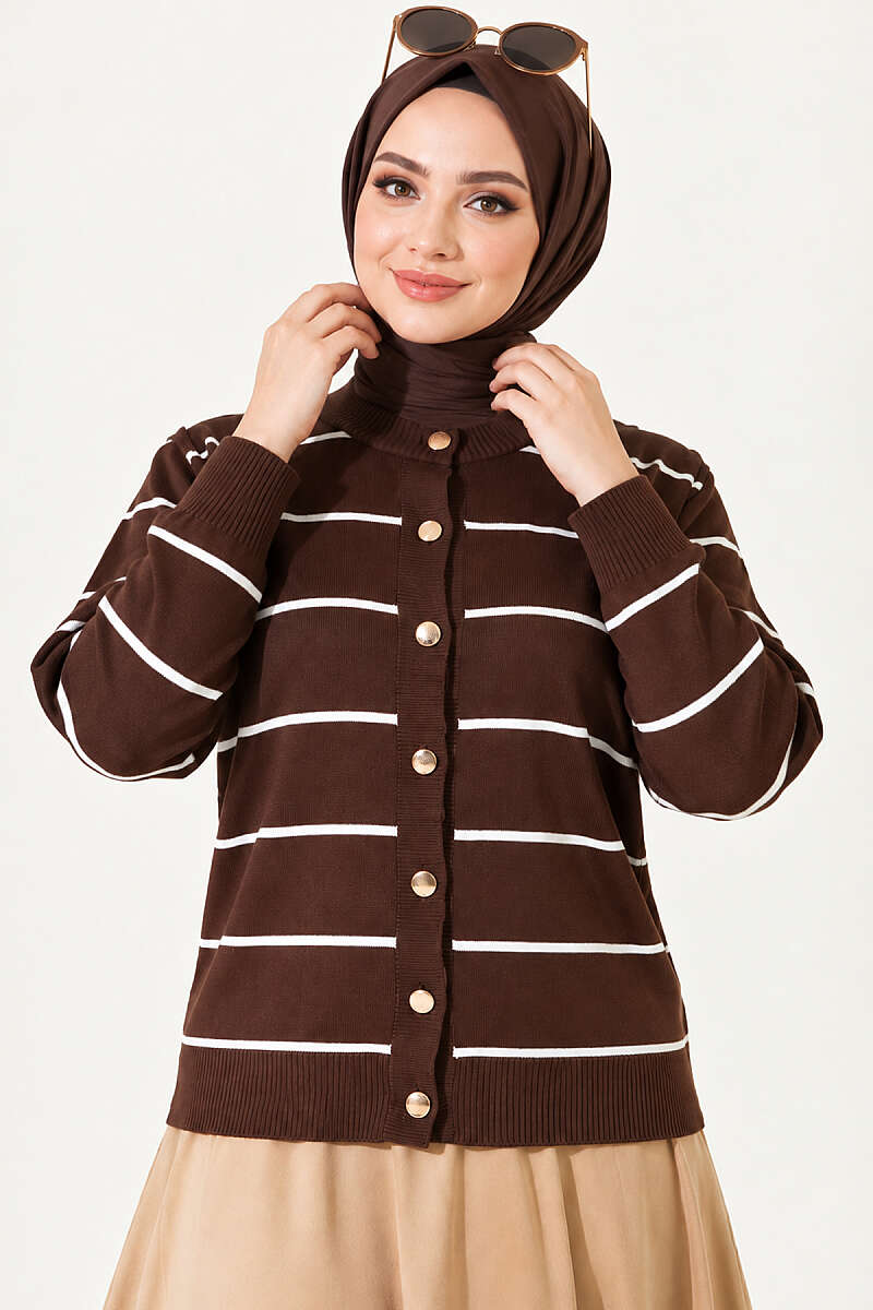 Gold Buttoned Striped Mercerized Cardigan Brown