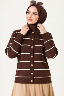 Alternative view of Gold Buttoned Striped Mercerized Cardigan Brown
