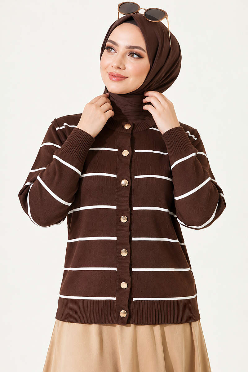Gold Buttoned Striped Mercerized Cardigan Brown – Image 2