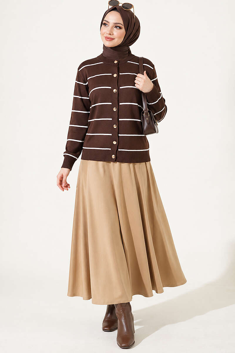 Gold Buttoned Striped Mercerized Cardigan Brown – Image 3