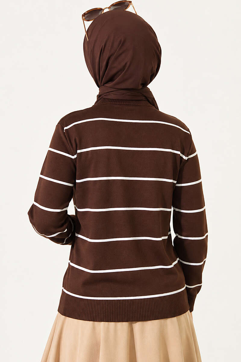 Gold Buttoned Striped Mercerized Cardigan Brown – Image 4