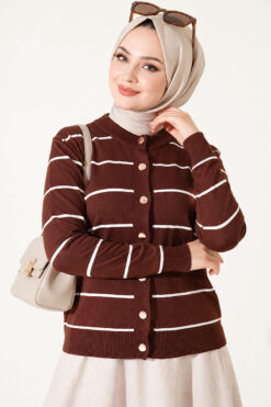 Alternative view of Gold Buttoned Striped Mercerized Cardigan Chestnut