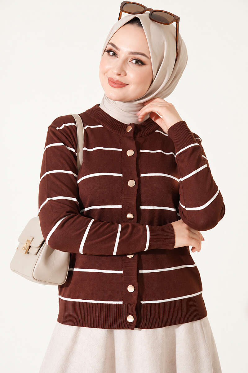 Gold Buttoned Striped Mercerized Cardigan Chestnut – Image 2