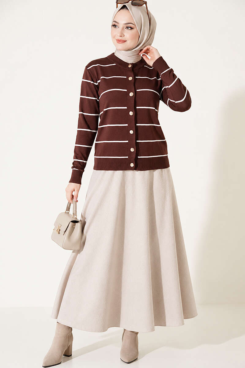 Gold Buttoned Striped Mercerized Cardigan Chestnut – Image 3