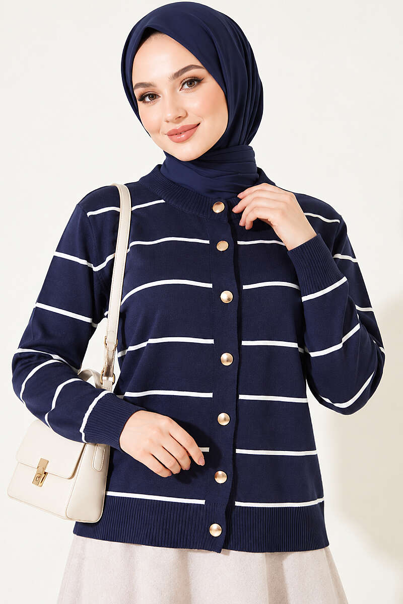 Gold Buttoned Striped Mercerized Cardigan Navy Blue