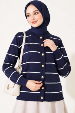 Alternative view of Gold Buttoned Striped Mercerized Cardigan Navy Blue