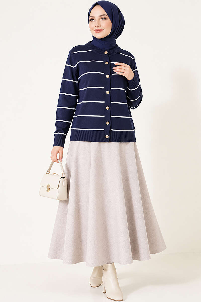 Gold Buttoned Striped Mercerized Cardigan Navy Blue – Image 3