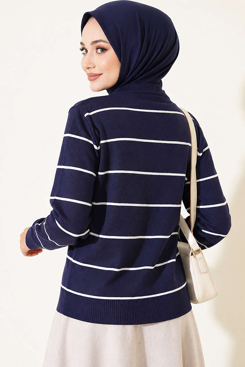 Gold Buttoned Striped Mercerized Cardigan Navy Blue – Image 4