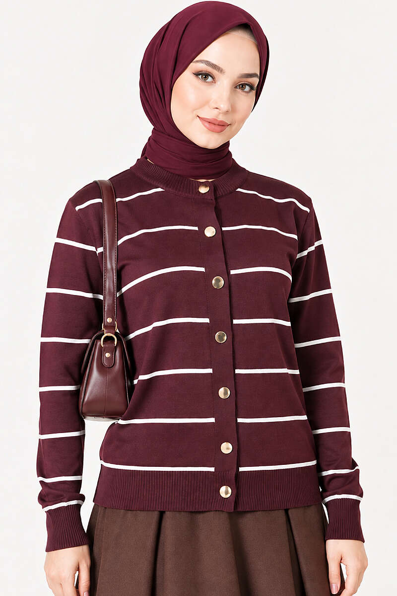 Gold Buttoned Striped Mercerized Cardigan Plum