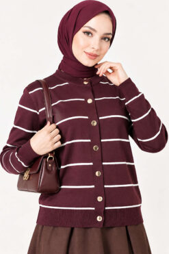 Alternative view of Gold Buttoned Striped Mercerized Cardigan Plum