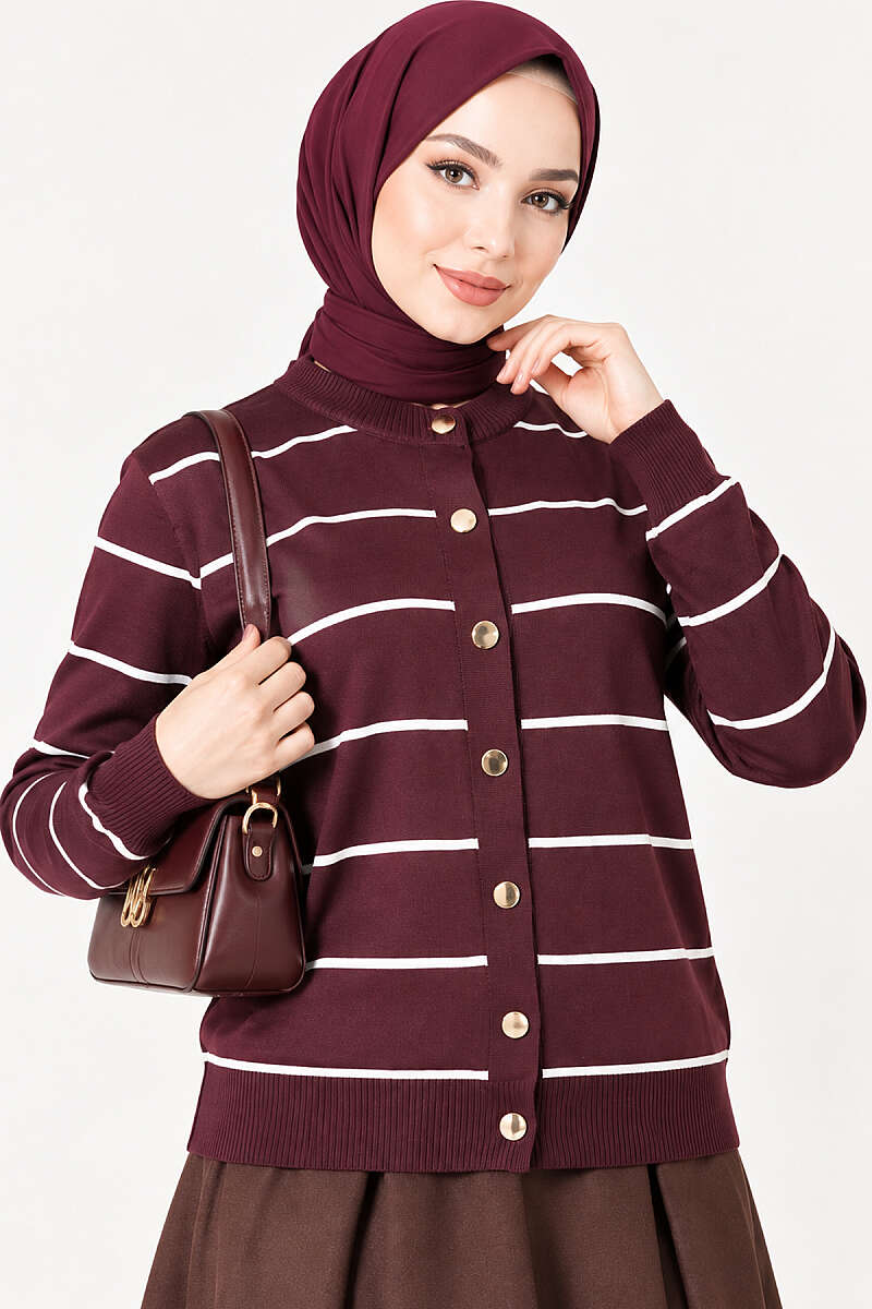 Gold Buttoned Striped Mercerized Cardigan Plum - الصورة 2