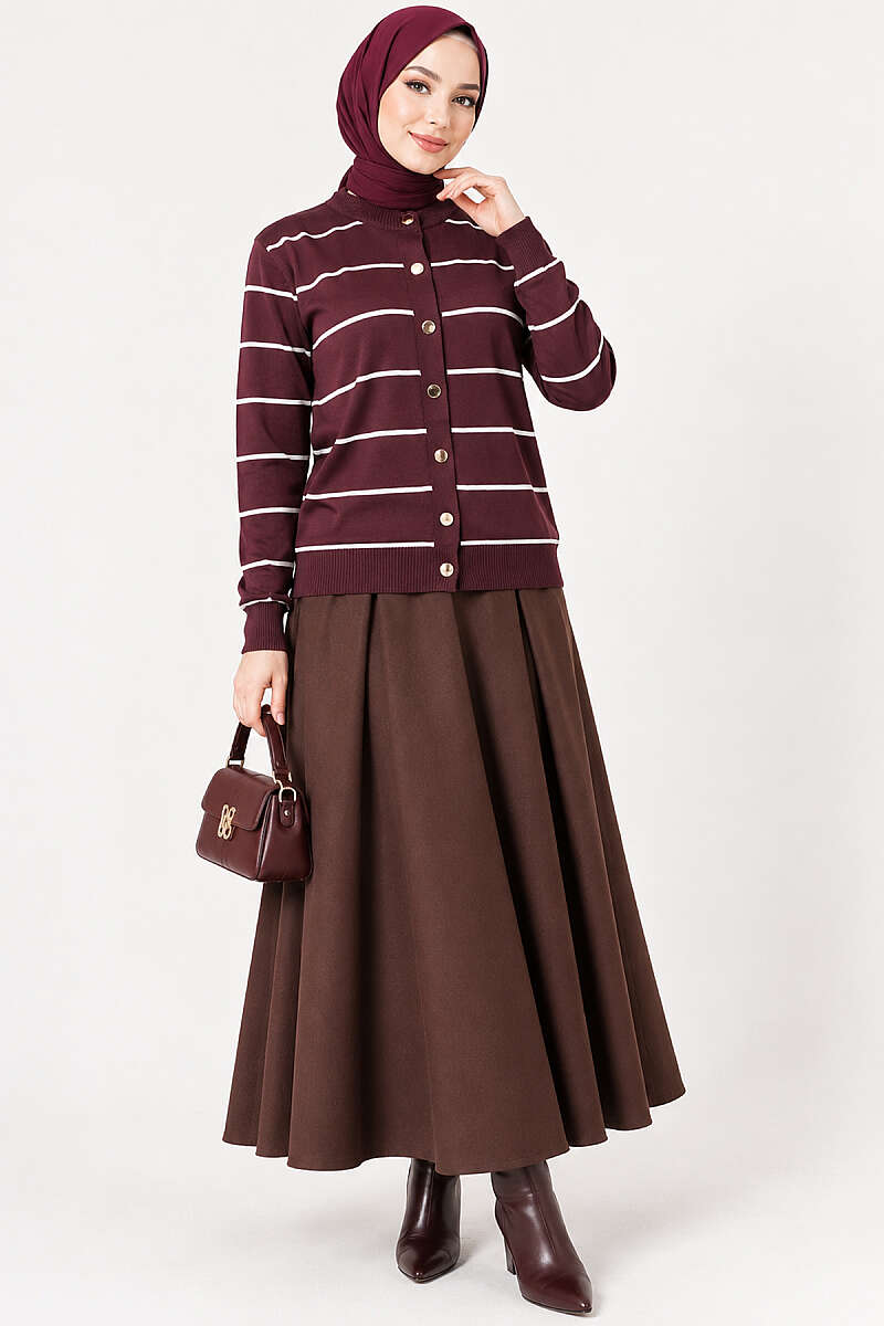 Gold Buttoned Striped Mercerized Cardigan Plum - الصورة 3