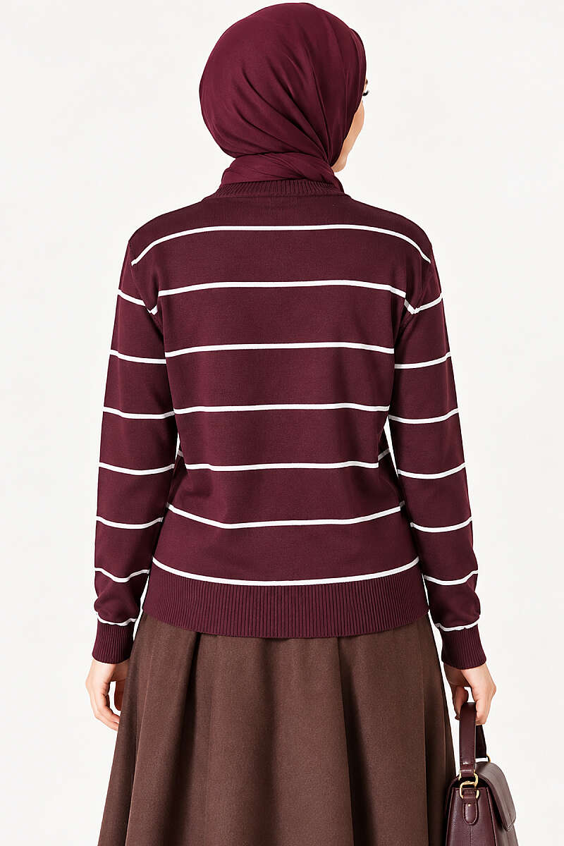 Gold Buttoned Striped Mercerized Cardigan Plum - الصورة 4