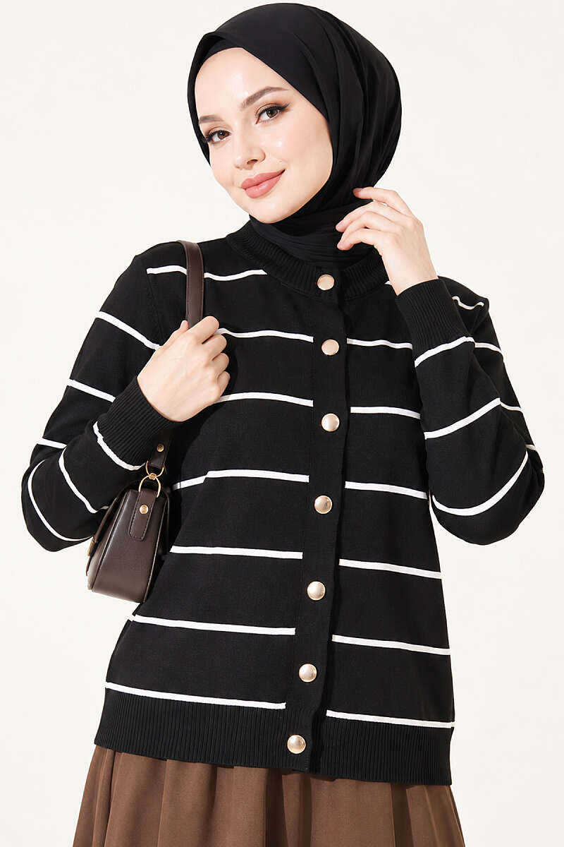 Gold Buttoned Striped Mercerized Cardigan Black