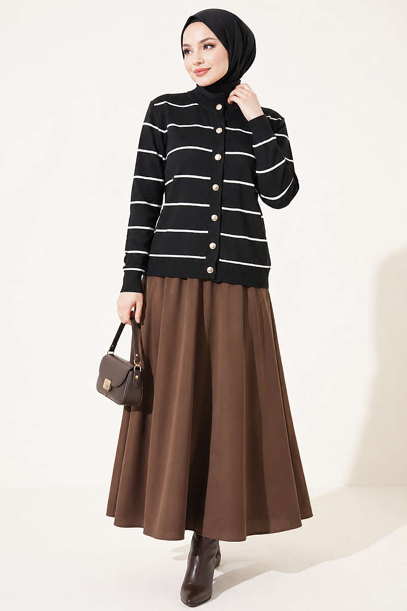 Gold Buttoned Striped Mercerized Cardigan Black – Image 3