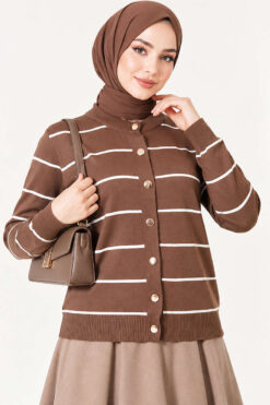 Alternative view of Gold Buttoned Striped Mercerized Cardigan Mink