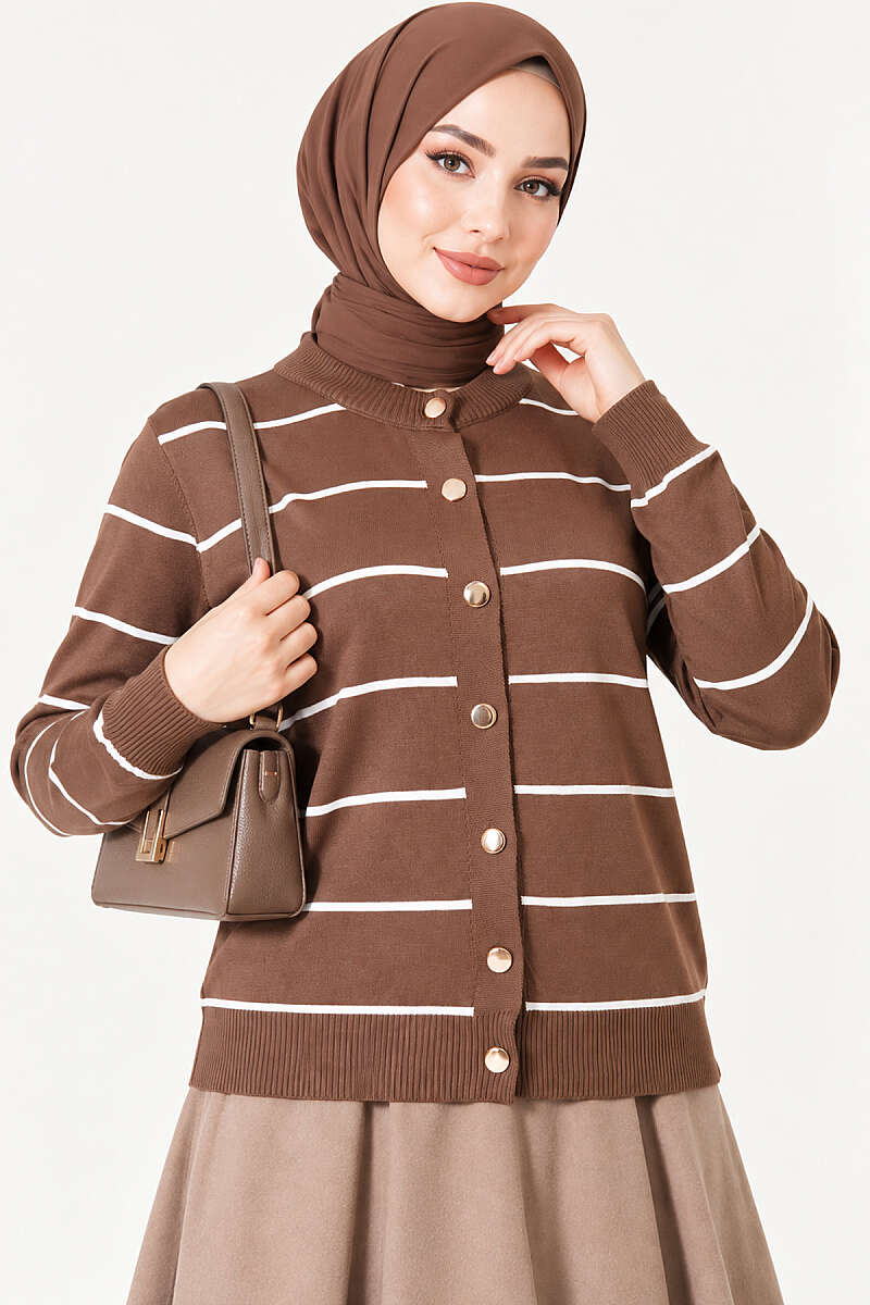 Gold Buttoned Striped Mercerized Cardigan Mink – Image 2