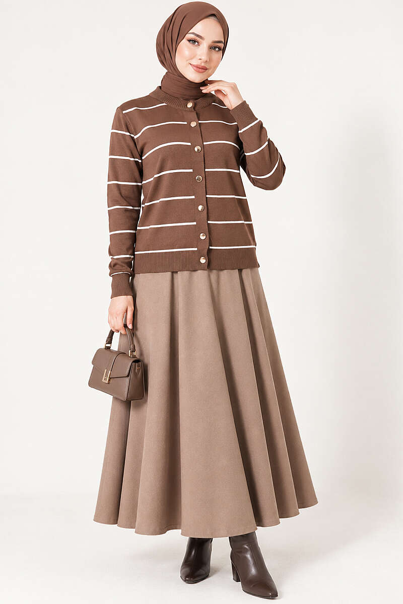 Gold Buttoned Striped Mercerized Cardigan Mink – Image 3