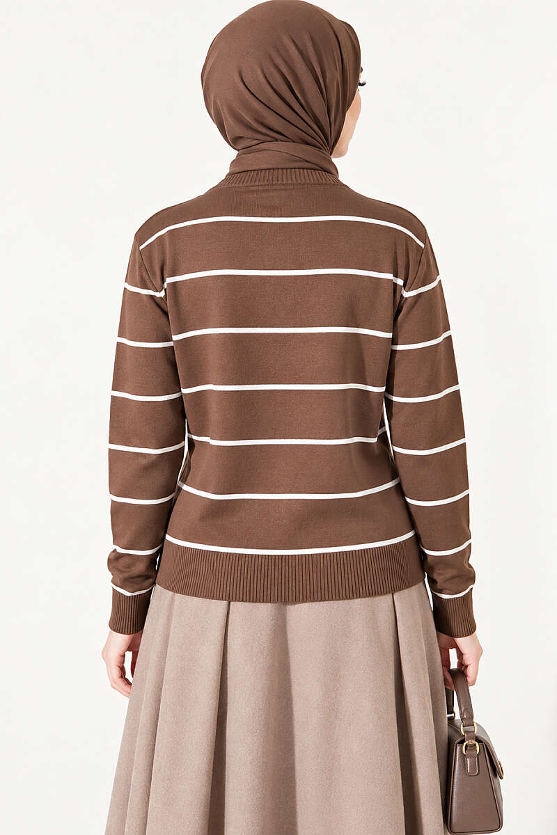 Gold Buttoned Striped Mercerized Cardigan Mink – Image 4