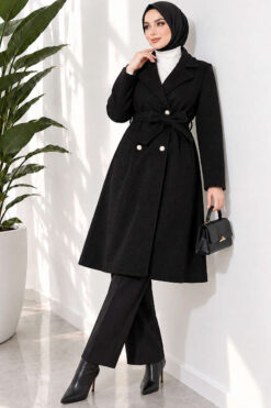 Gold Buttoned Belted Wool Coat Black