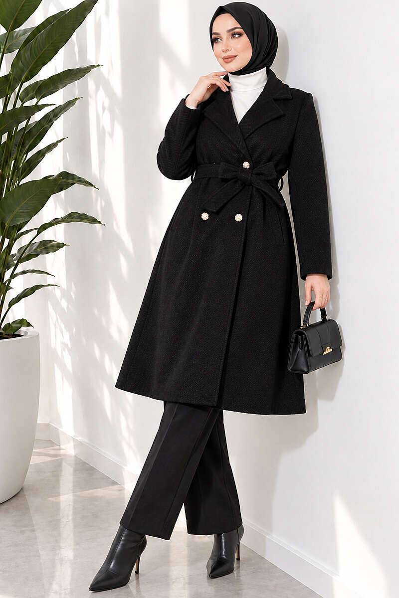 Gold Buttoned Belted Wool Coat Black