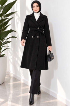Alternative view of Gold Buttoned Belted Wool Coat Black