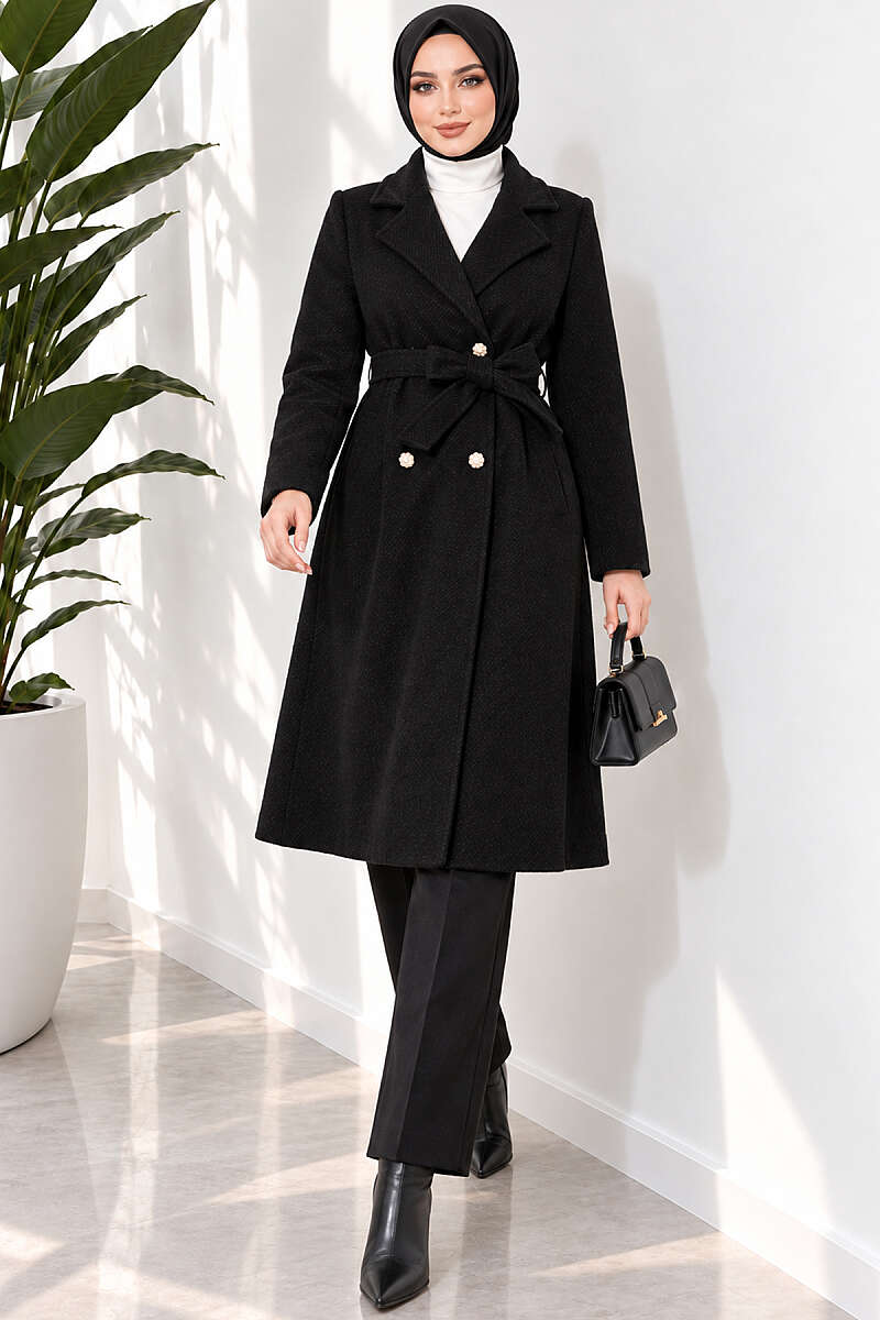 Gold Buttoned Belted Wool Coat Black – Image 2