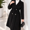 Gold Buttoned Belted Wool Coat Black – Image 3