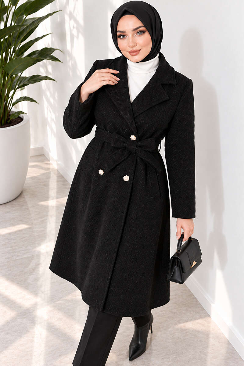 Gold Buttoned Belted Wool Coat Black – Image 3