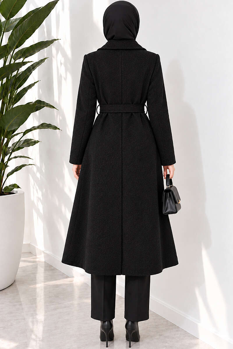 Gold Buttoned Belted Wool Coat Black – Image 4