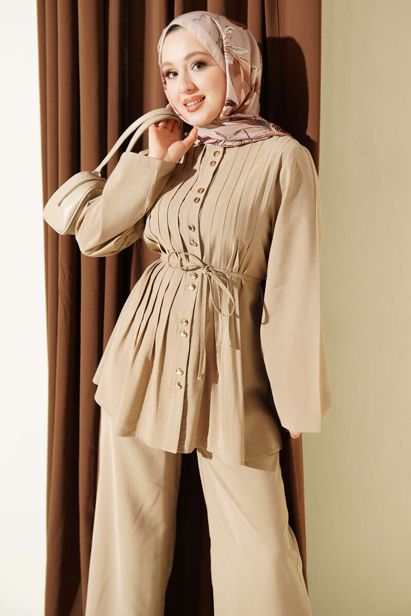 Gold Buttoned Ribbed Tencel Two-Piece Set Beige - immagine 2