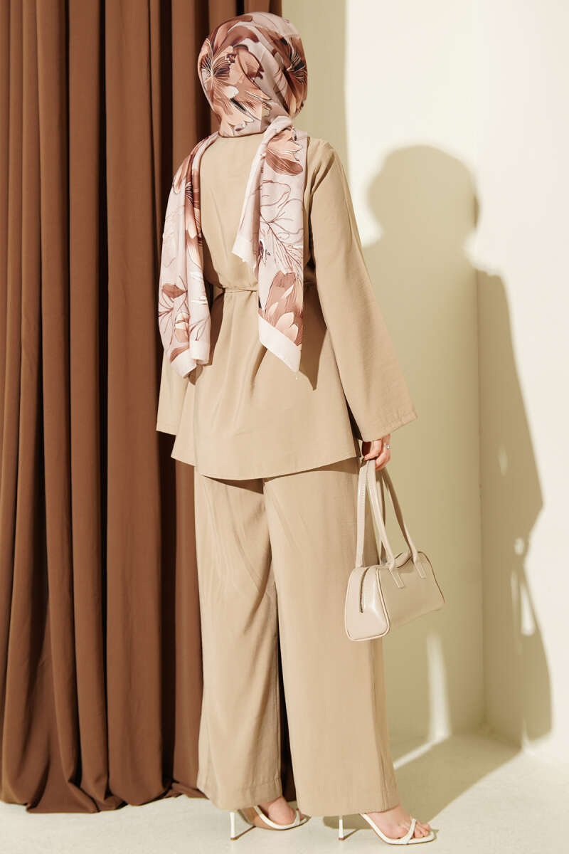 Gold Buttoned Ribbed Tencel Two-Piece Set Beige - immagine 3