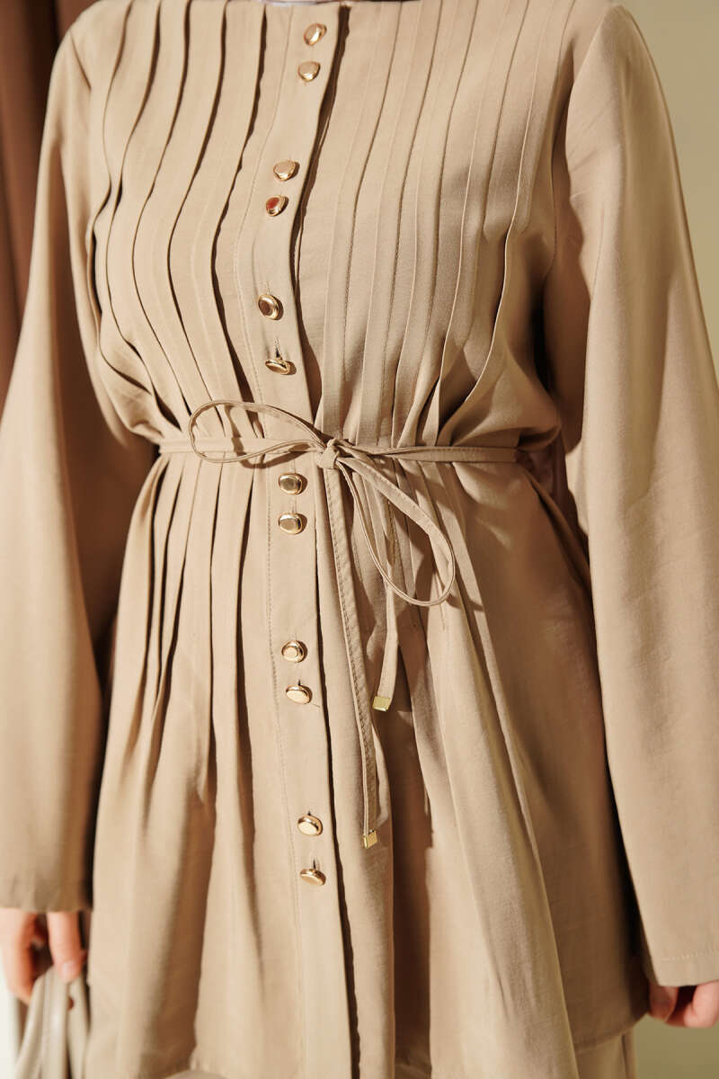 Gold Buttoned Ribbed Tencel Two-Piece Set Beige - immagine 4