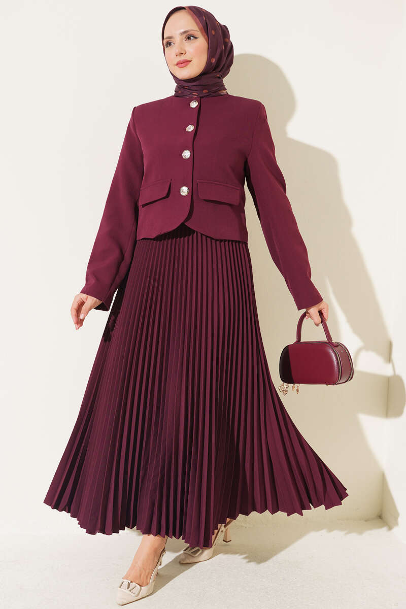 Gold Buttoned Pleated Skirt and Top Set Burgundy