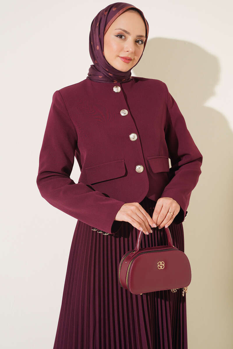 Gold Buttoned Pleated Skirt and Top Set Burgundy - Imagen 2